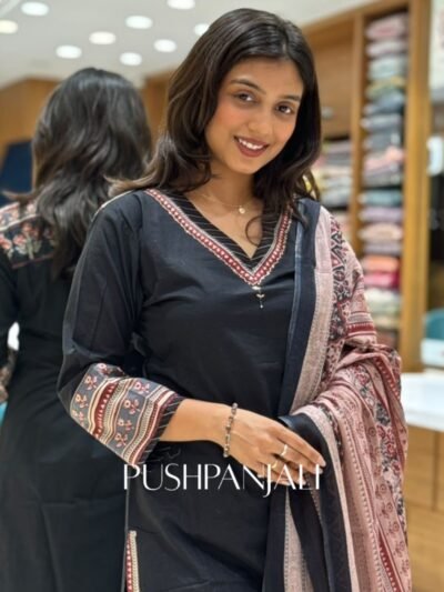 Black Cotton Straight Kurta Pant Set with Ajrakh Block Printed Dupatta