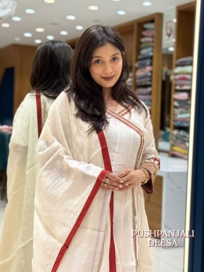 Butter White Embroidered Anarkali Kurta Pant Dupatta Set