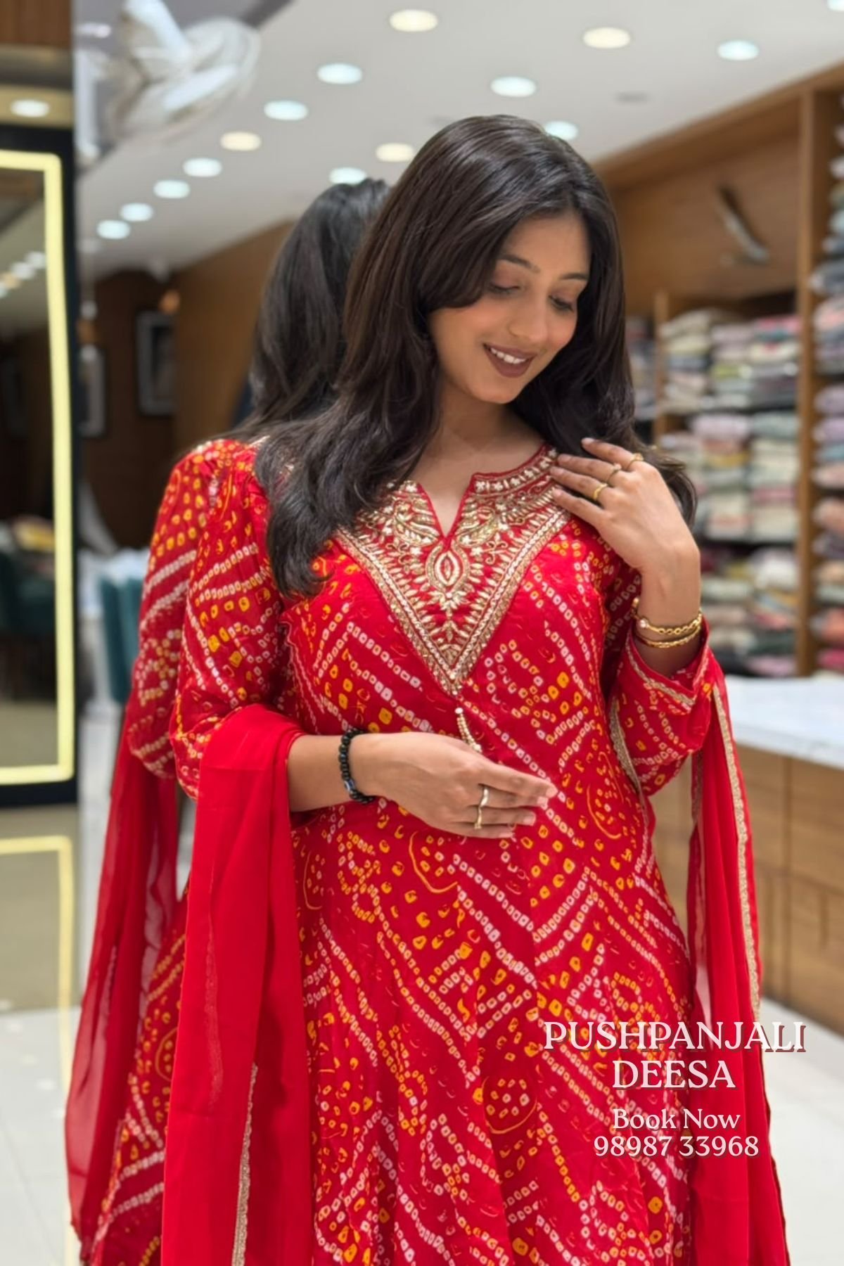 Red Bandhani Print Embroidered Anarkali Kurta Pant Dupatta Set - Image 4