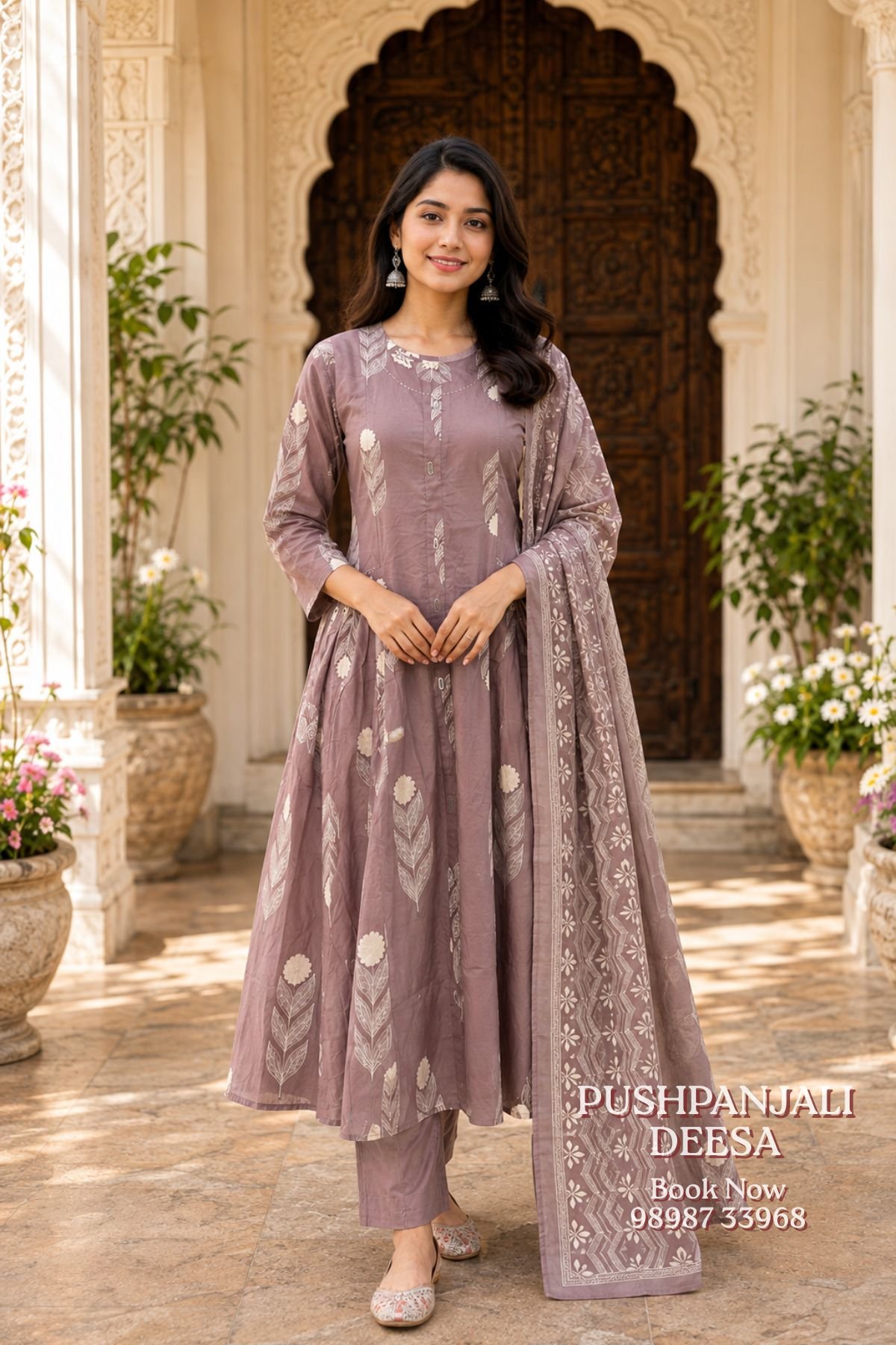 Mauve Floral Printed Anarkali Kurta Pant Dupatta Set - Image 2