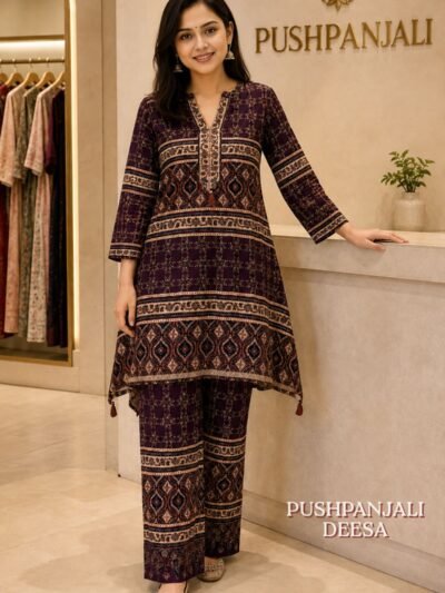 Wine Printed Gaggy Silk 2-Piece Co-Ord Set