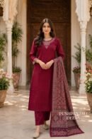 Maroon Gaggy 3-Piece Ethnic Suit Set with Embroidered Kurta & Printed Dupatta