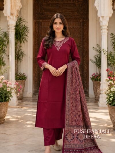 Maroon Gaggy 3-Piece Ethnic Suit Set with Embroidered Kurta & Printed Dupatta