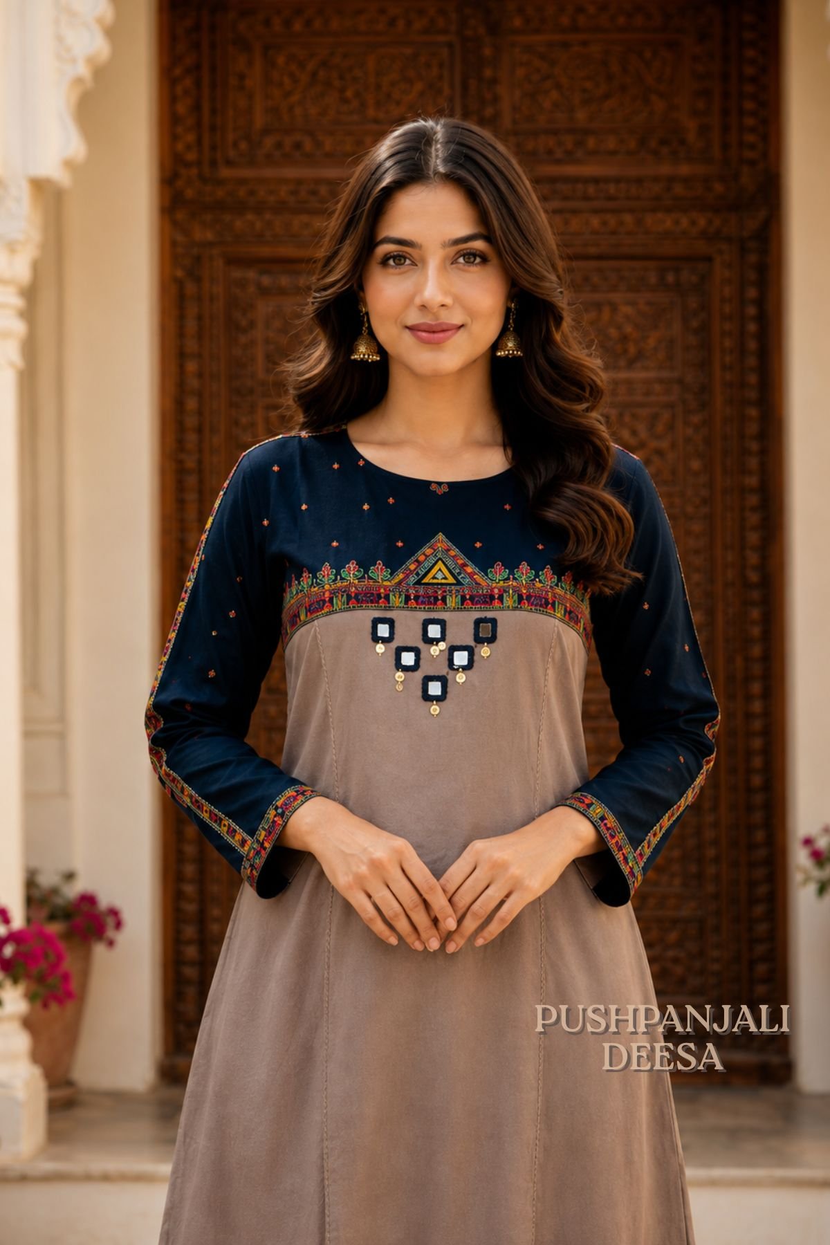 Navy Blue & Beige Pure Rayon 2-Piece Set - Image 4