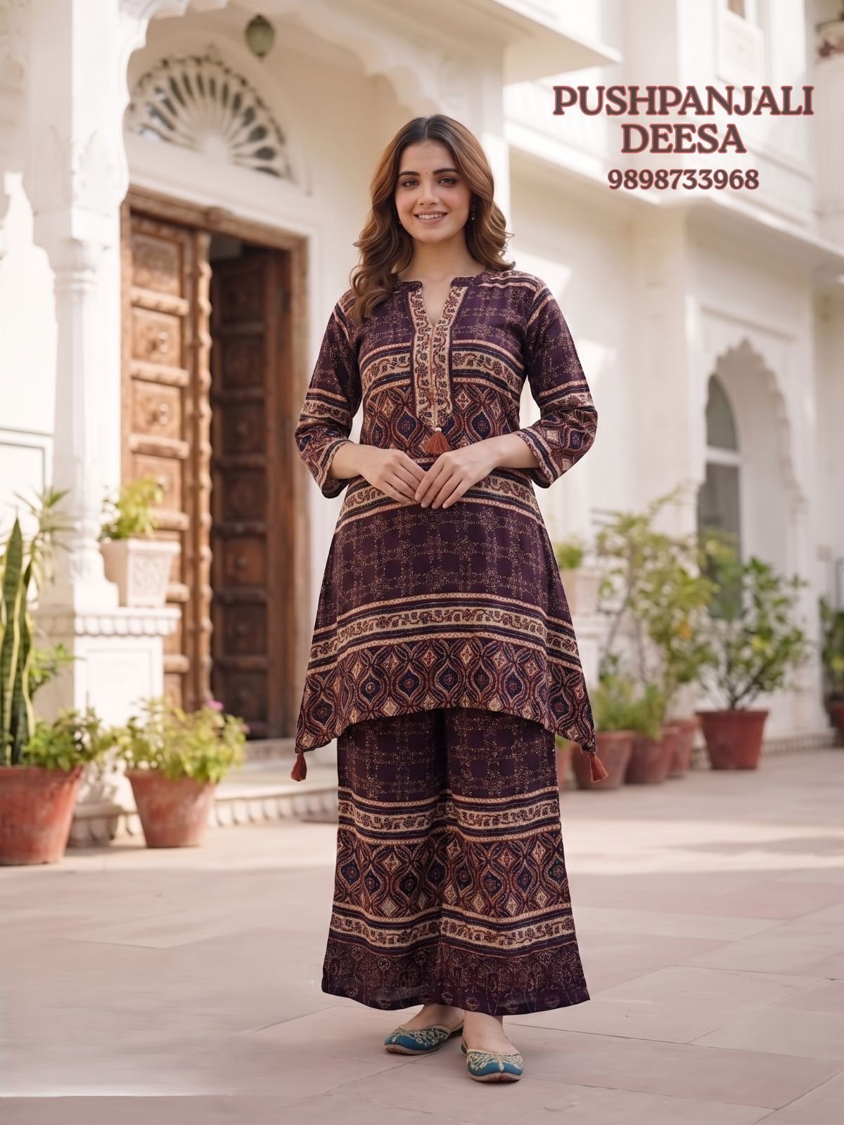 Wine Printed Gaggy Silk 2-Piece Co-Ord Set