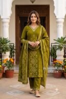 Olive Green Bandhani Printed 3-Piece Set