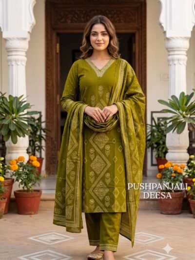 Olive Green Bandhani Printed 3-Piece Set