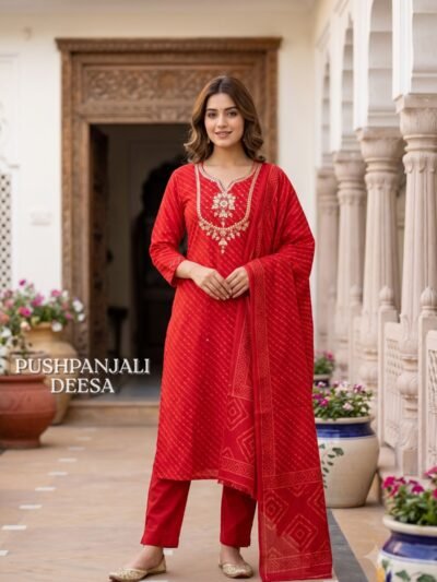 Red Bandhani Printed 3-Piece Design 2 Set