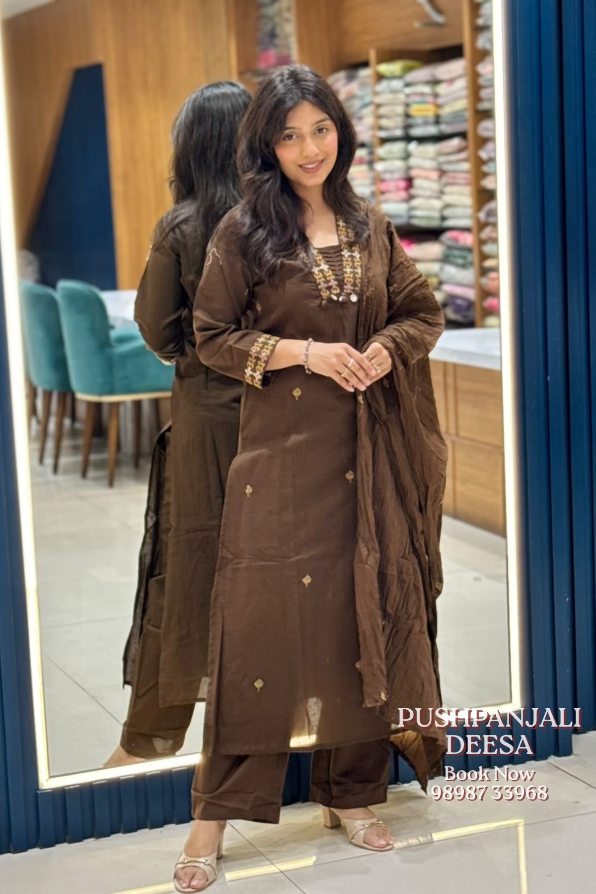 Coffee Brown Cotton Kurti Set | Embroidered Straight Kurta with Dupatta