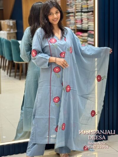 Sky Blue Embroidered Cotton Kurti Set with Dupatta