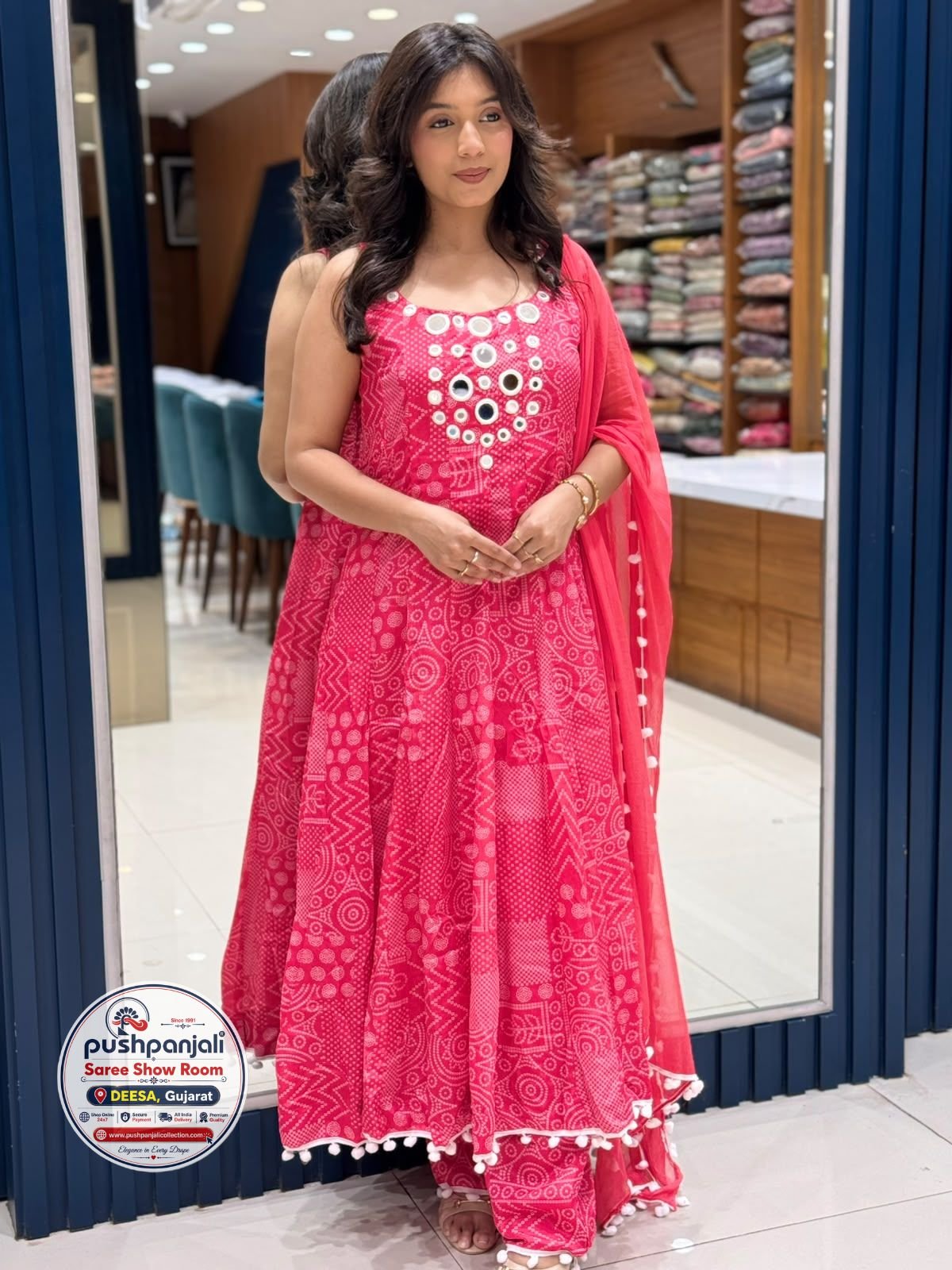 Rani Pink Printed Anarkali Kurta Palazzo Set with Dupatta - Image 2