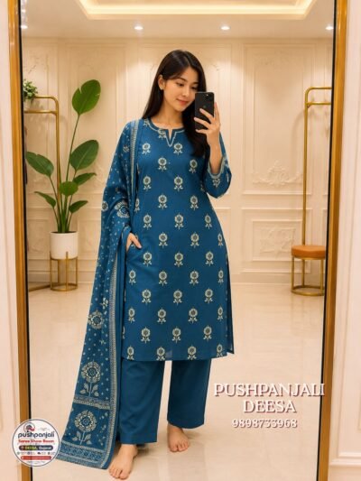 Teal Blue Printed Kurta Pant Set with Dupatta