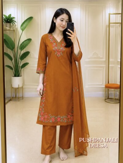 Rust Orange Embroidered Kurta Pant Dupatta Set