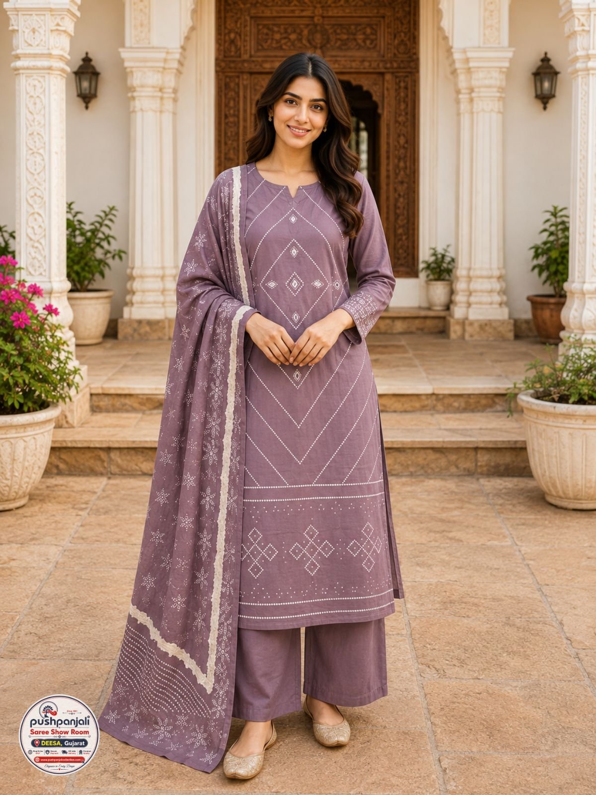 Mauve Printed Kurta Pant Set with Dupatta