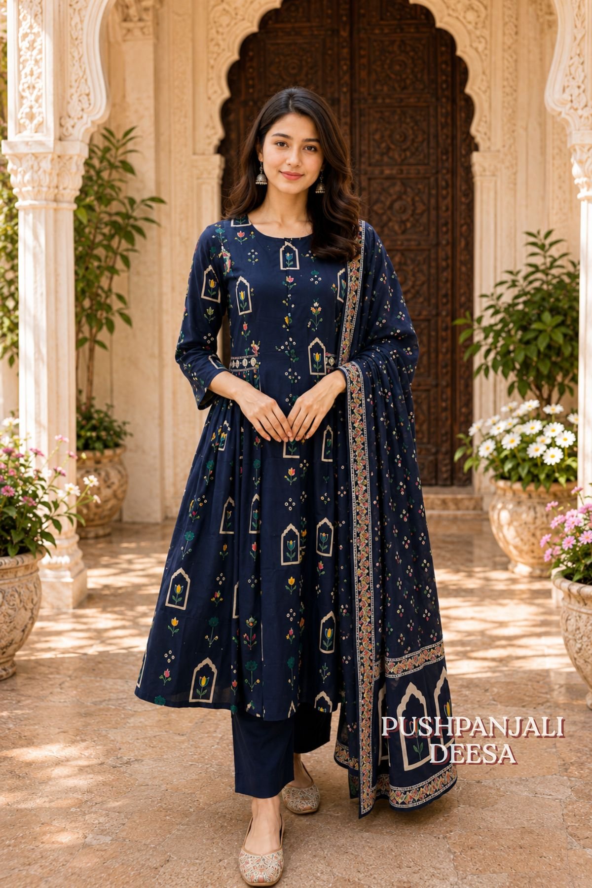 Navy Blue Floral Printed Anarkali Kurta Pant Dupatta Set - Image 2