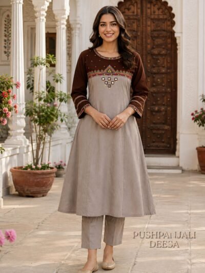 Chocolate Brown & Beige Pure Rayon 2-Piece Set