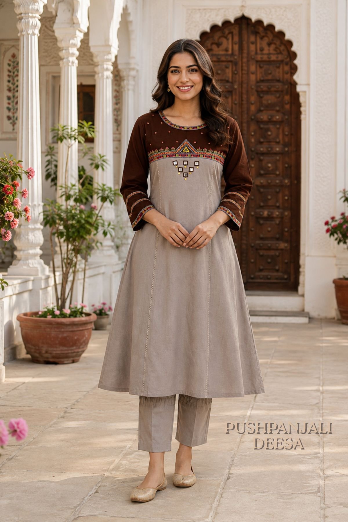 Chocolate Brown & Beige Pure Rayon 2-Piece Set