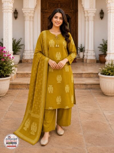 Mustard Yellow Printed Kurta Pant Set with Dupatta