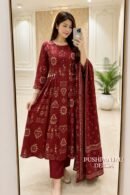 Maroon Traditional Printed Anarkali Kurta Pant Dupatta Set