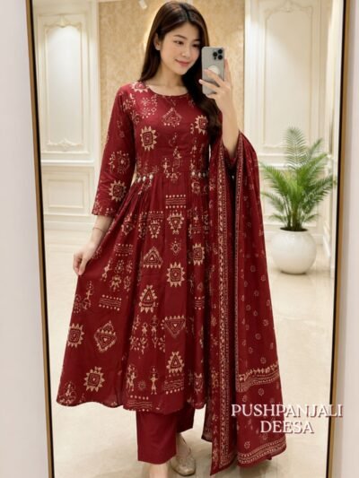 Maroon Traditional Printed Anarkali Kurta Pant Dupatta Set