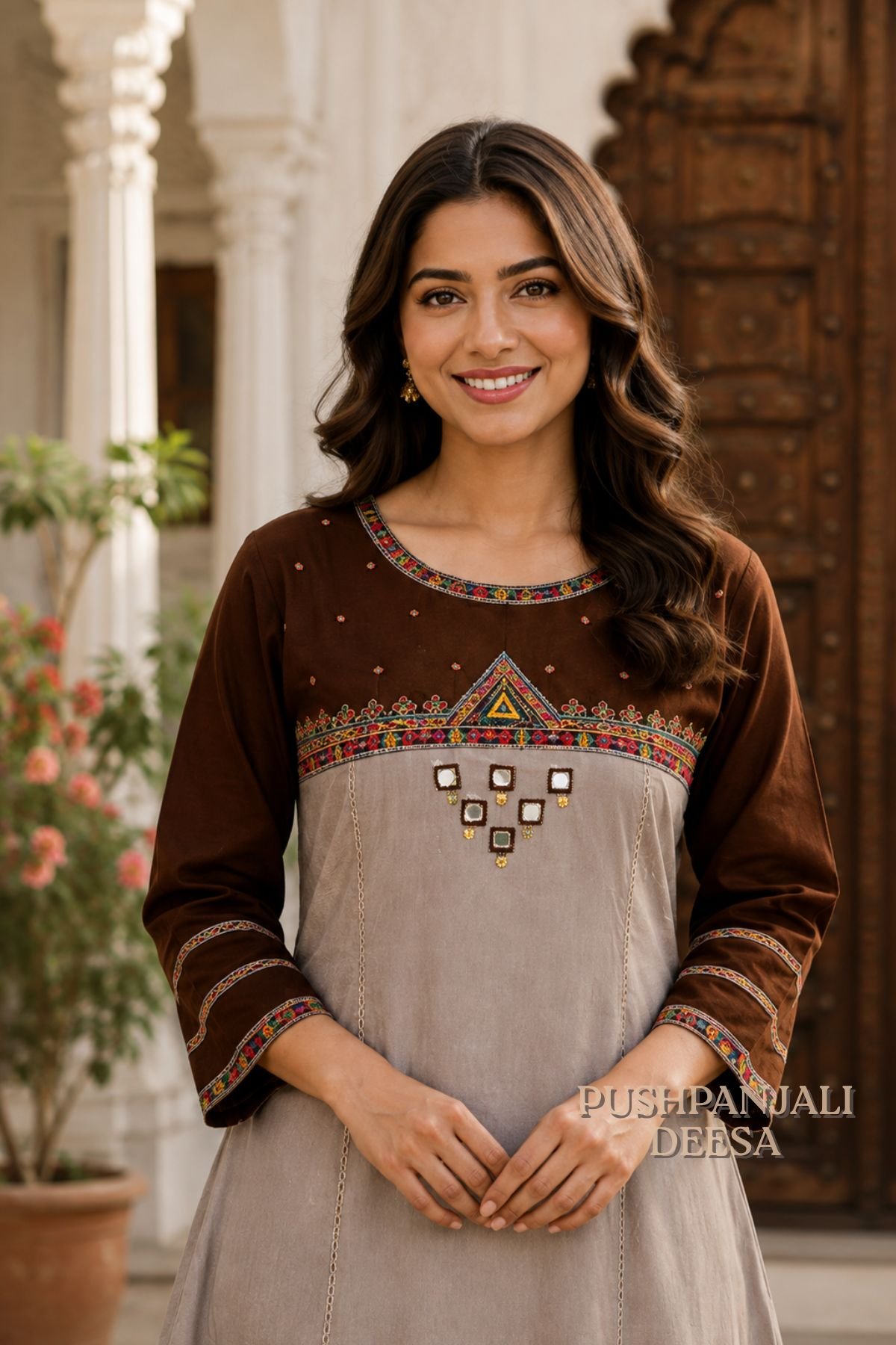 Chocolate Brown & Beige Pure Rayon 2-Piece Set - Image 2