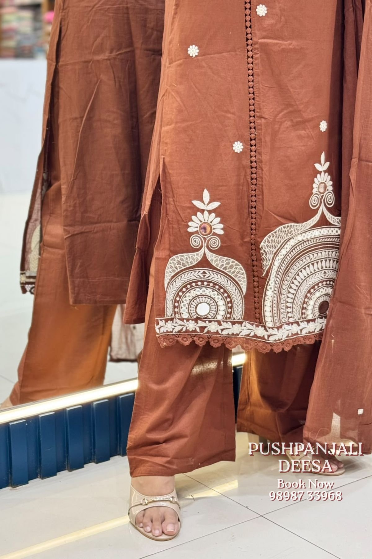 Coffee Brown Printed Cotton Kurti Pant Set with Dupatta - Image 3