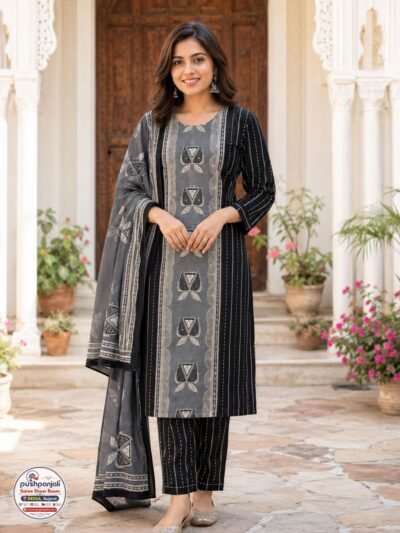 Black & Grey Printed Kurta Pant Set with Dupatta