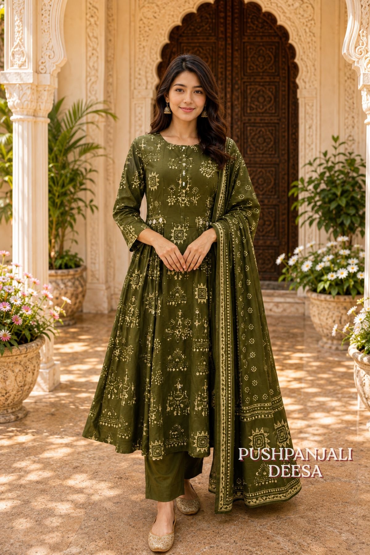 Olive Green Traditional Printed Anarkali Kurta Pant Dupatta Set - Image 2