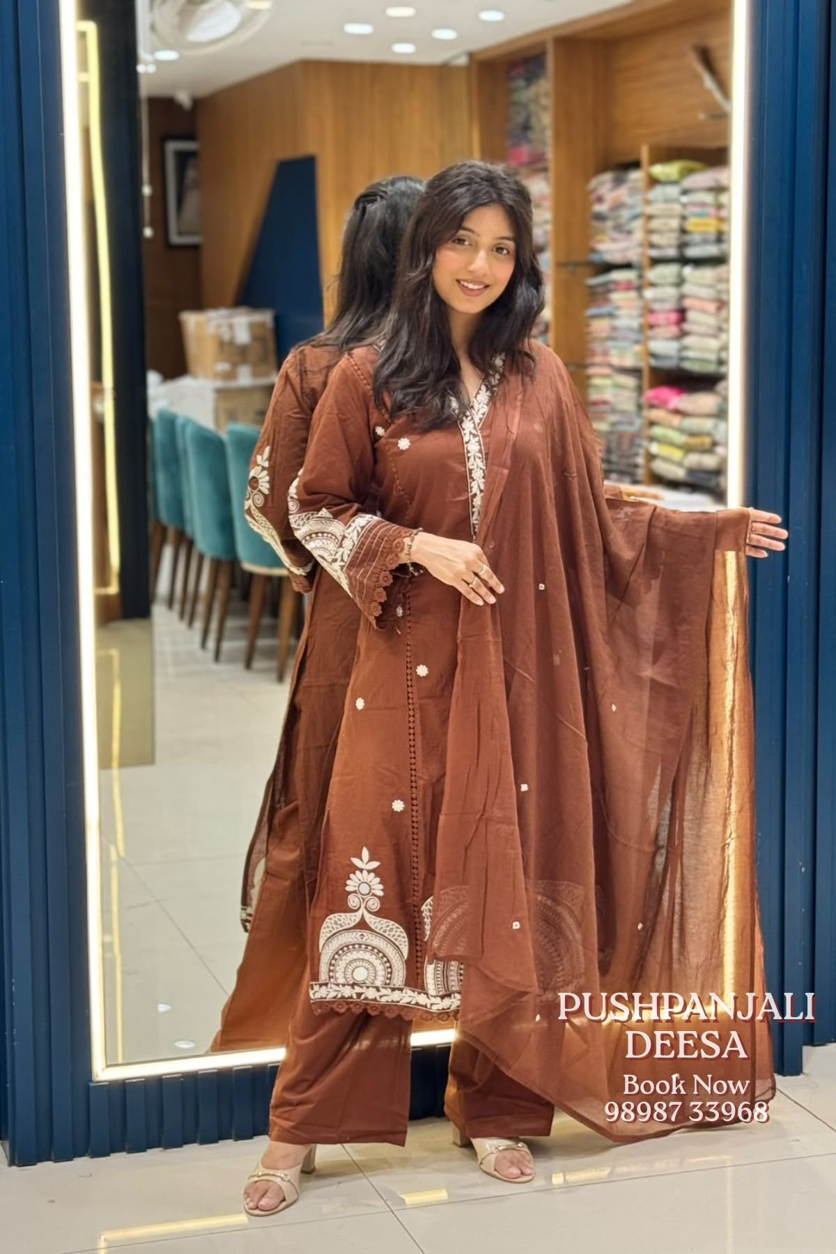Coffee Brown Printed Cotton Kurti Pant Set with Dupatta - Image 2