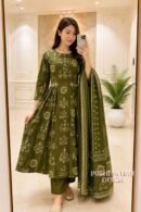 Olive Green Traditional Printed Anarkali Kurta Pant Dupatta Set
