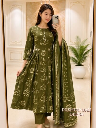 Olive Green Traditional Printed Anarkali Kurta Pant Dupatta Set