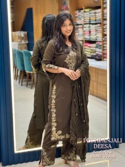 Olive Brown Embroidered Cotton Kurti Pant Set with Dupatta
