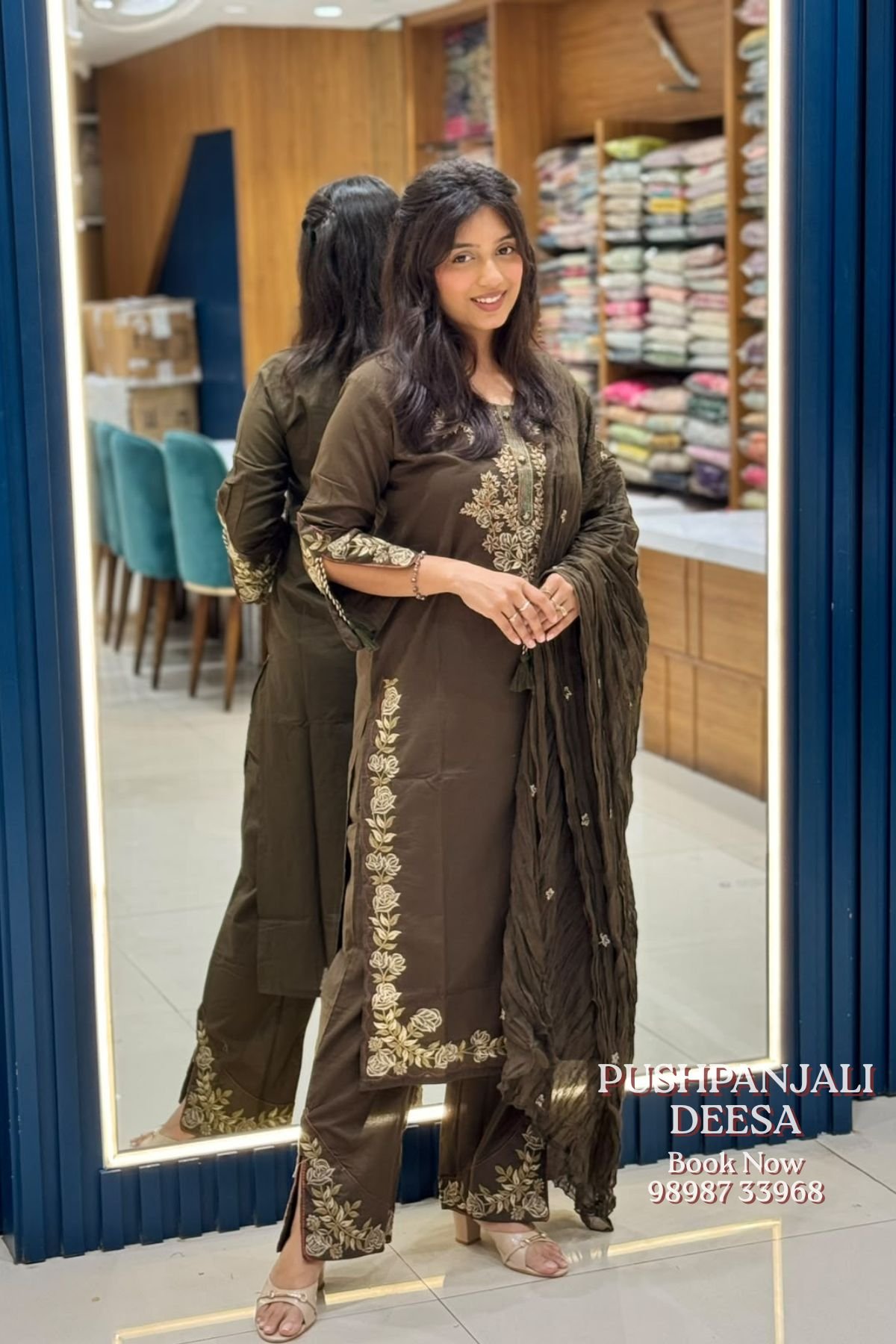 Olive Brown Embroidered Cotton Kurti Pant Set with Dupatta