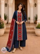 Navy Blue & Maroon Printed Kurta Pant Set with Dupatta