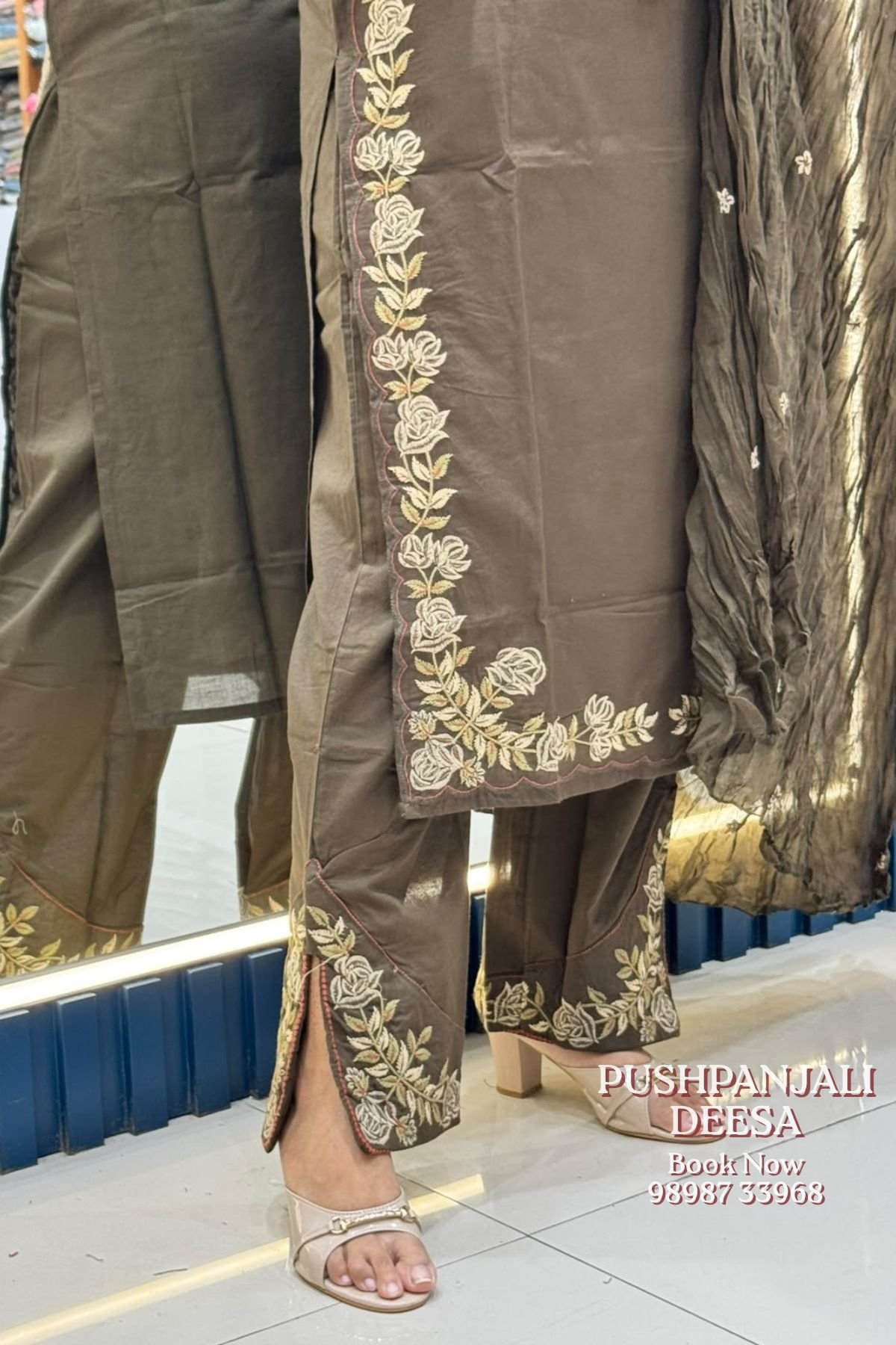 Olive Brown Embroidered Cotton Kurti Pant Set with Dupatta - Image 3