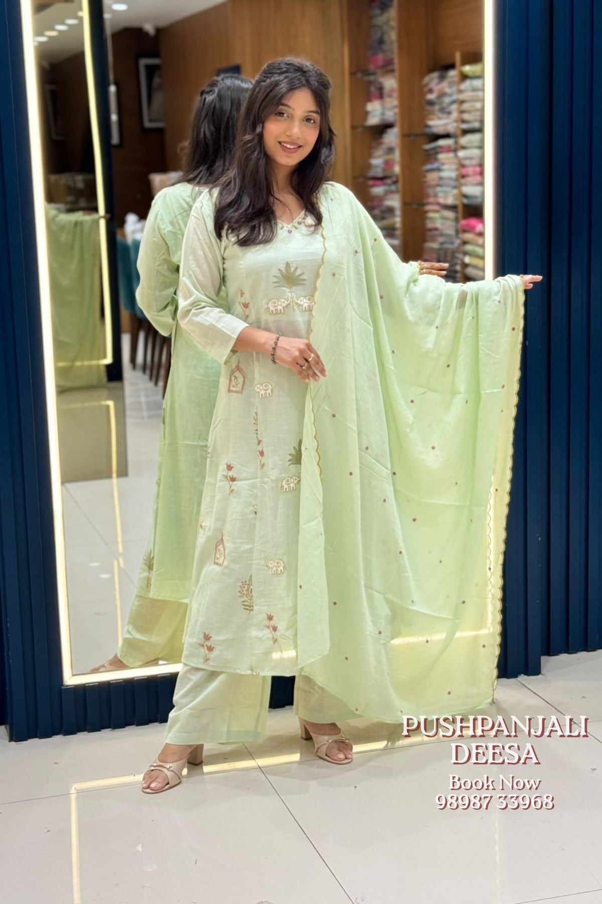 Mint Green Printed Cotton Kurti Pant Set with Dupatta - Image 2