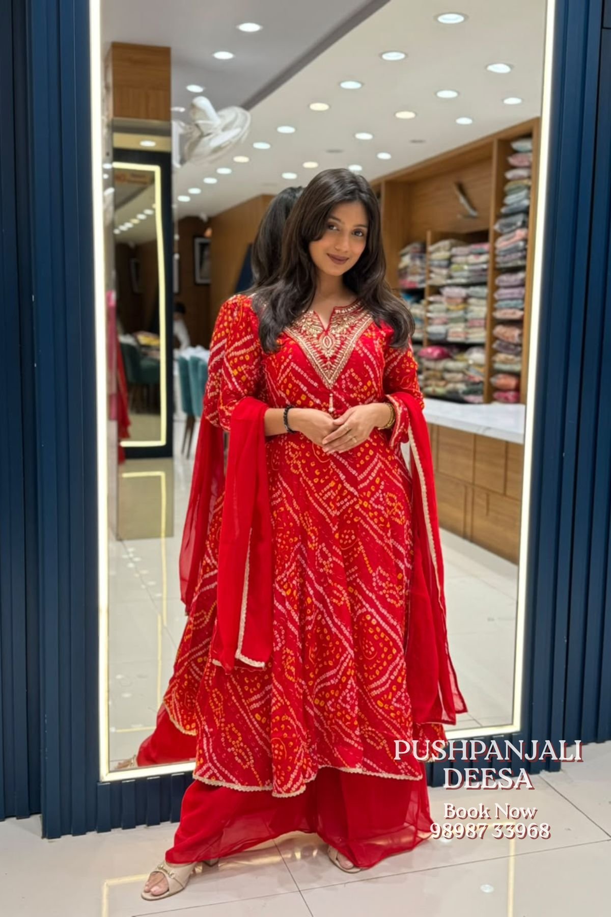 Red Bandhani Print Embroidered Anarkali Kurta Pant Dupatta Set - Image 5