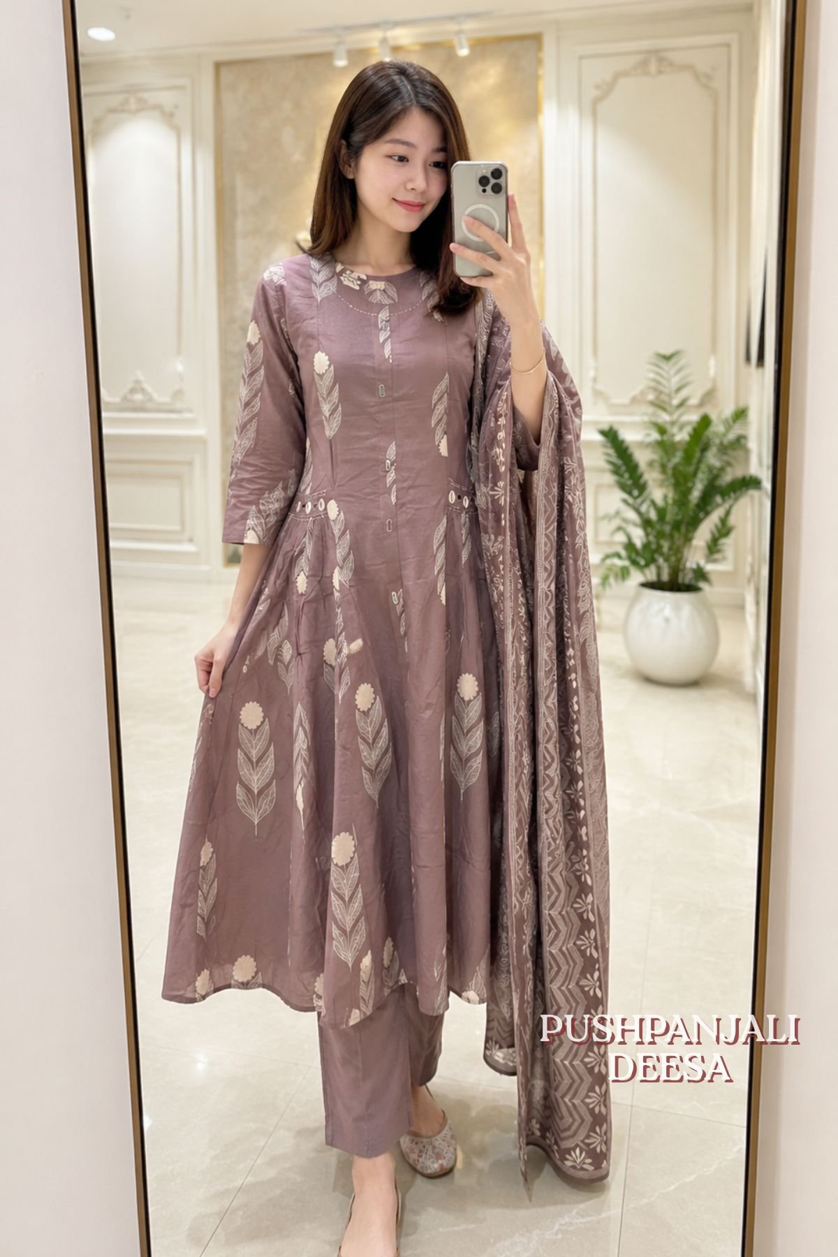Mauve Floral Printed Anarkali Kurta Pant Dupatta Set