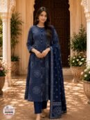 Navy Blue Floral Printed 3-Piece Ethnic Suit Set