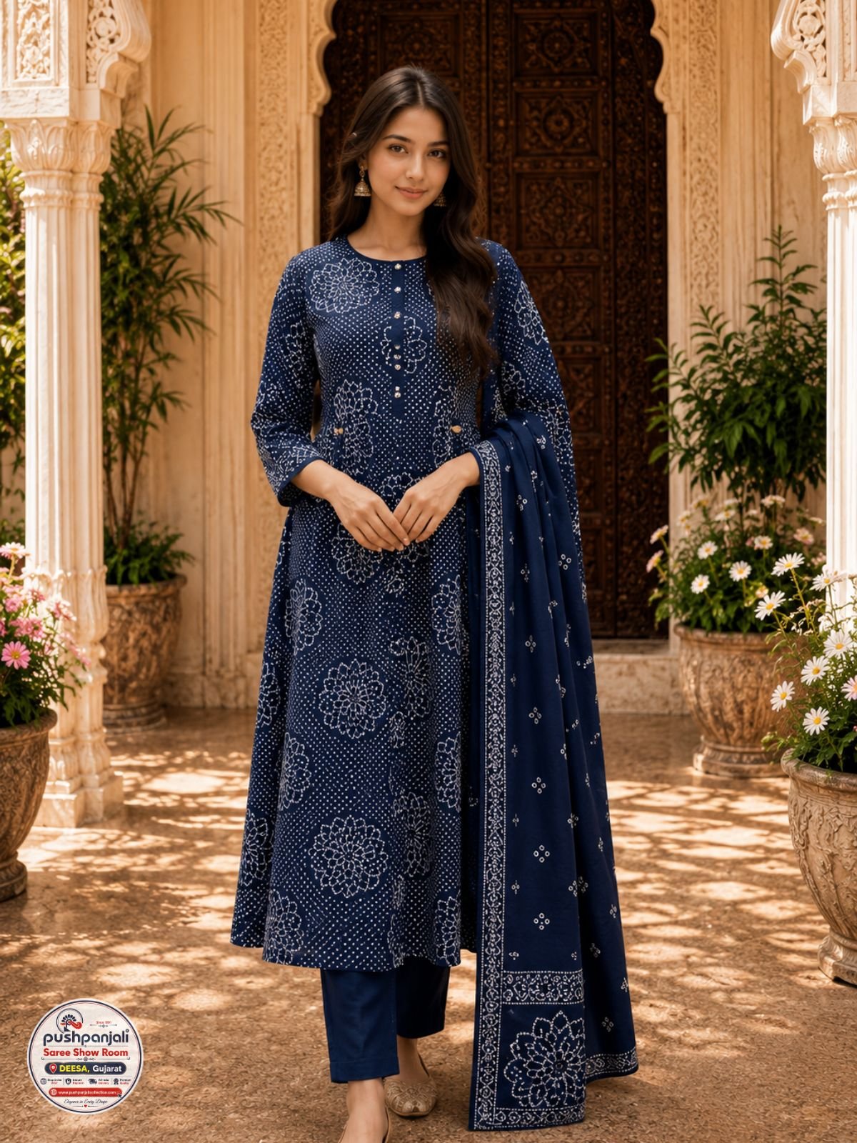 Navy Blue Floral Printed 3-Piece Ethnic Suit Set