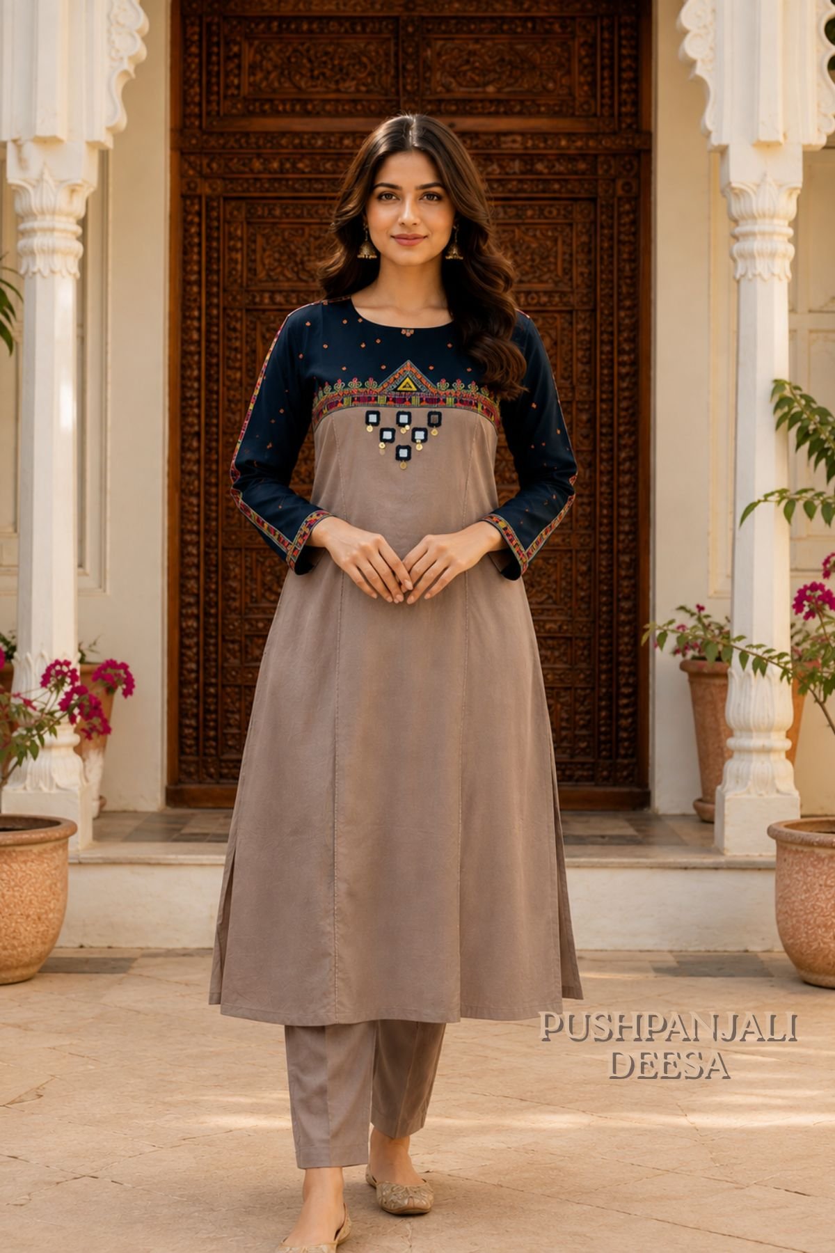 Navy Blue & Beige Pure Rayon 2-Piece Set