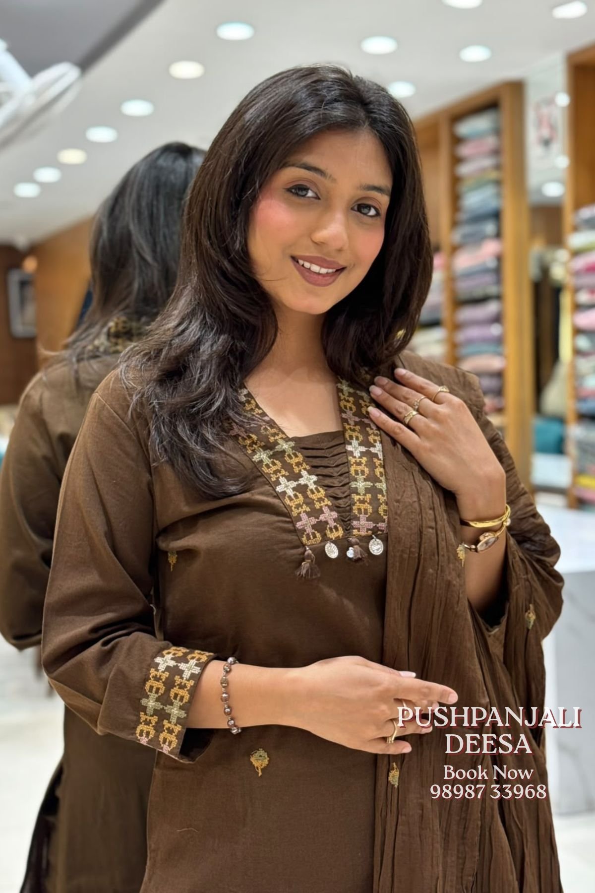 Coffee Brown Cotton Kurti Set | Embroidered Straight Kurta with Dupatta - Image 2