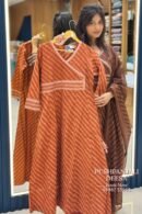 Rust Orange Printed Cotton Kurti Pant Set with Dupatta