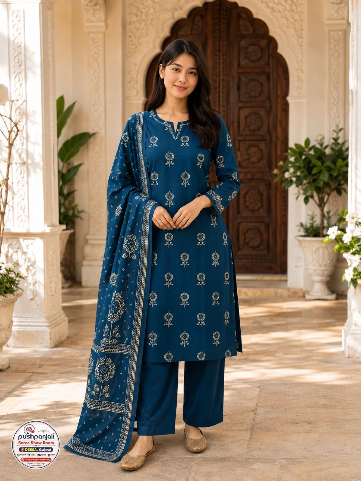 Teal Blue Printed Kurta Pant Set with Dupatta - Image 2