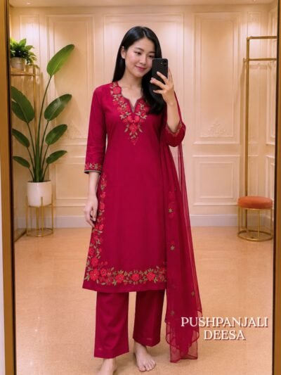 Pink Floral Embroidered Kurta Pant Dupatta Set