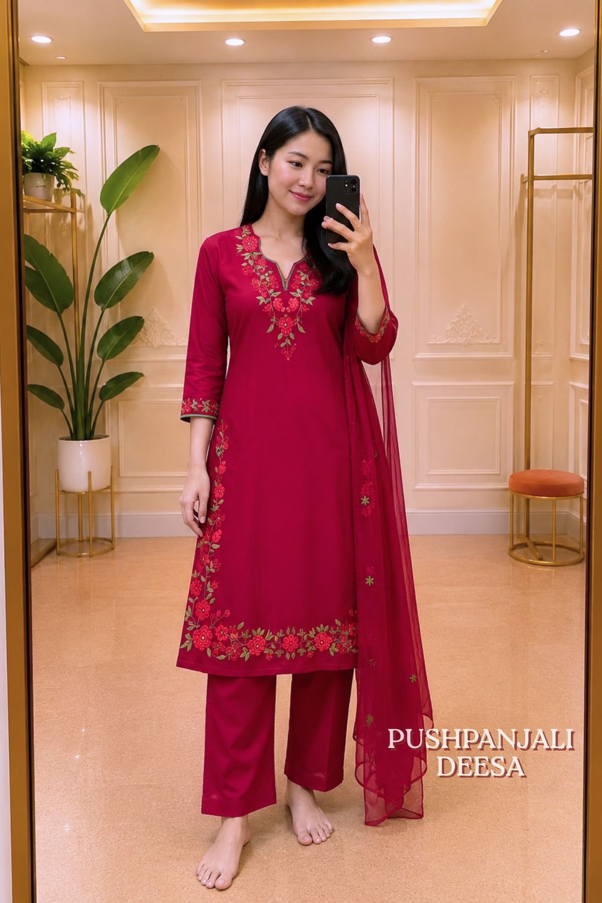 Pink Floral Embroidered Kurta Pant Dupatta Set
