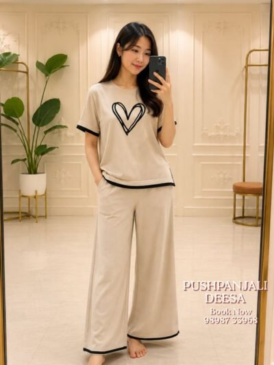 Butter White Heart Print Co-Ord Set | Premium Airport Look & Casual Wear