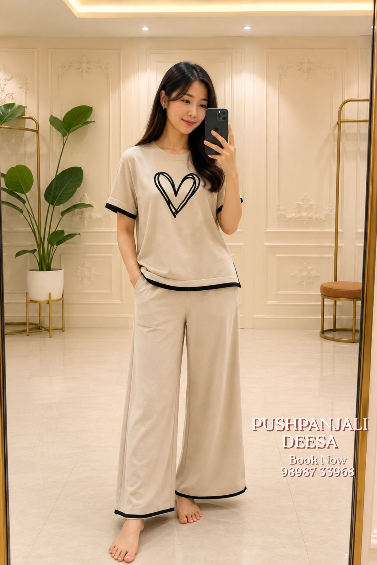 Butter White Heart Print Co-Ord Set | Premium Airport Look & Casual Wear