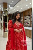 Red Bandhani Print Embroidered Anarkali Kurta Pant Dupatta Set