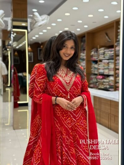 Red Bandhani Print Embroidered Anarkali Kurta Pant Dupatta Set